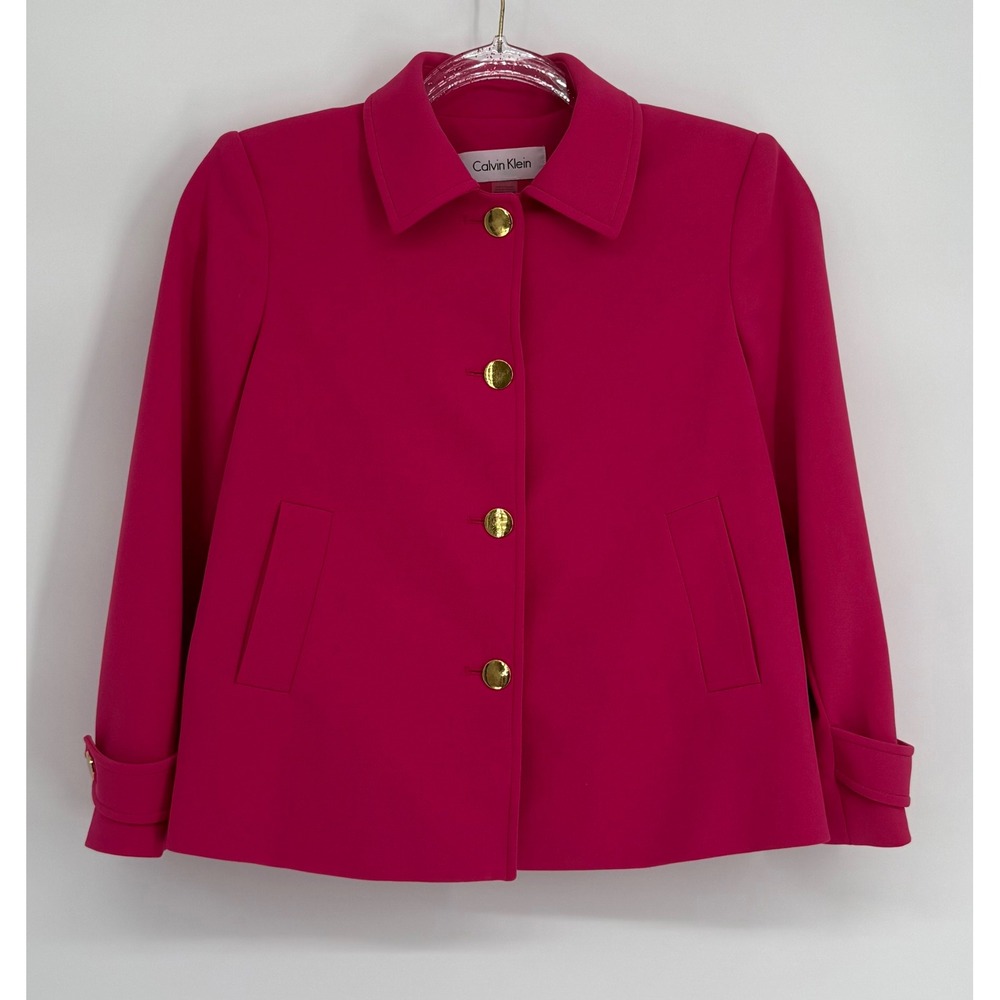 Calvin‎ Klein Women Hot Pink Gold Button Swing Jacket Coat Petite Sz 2P